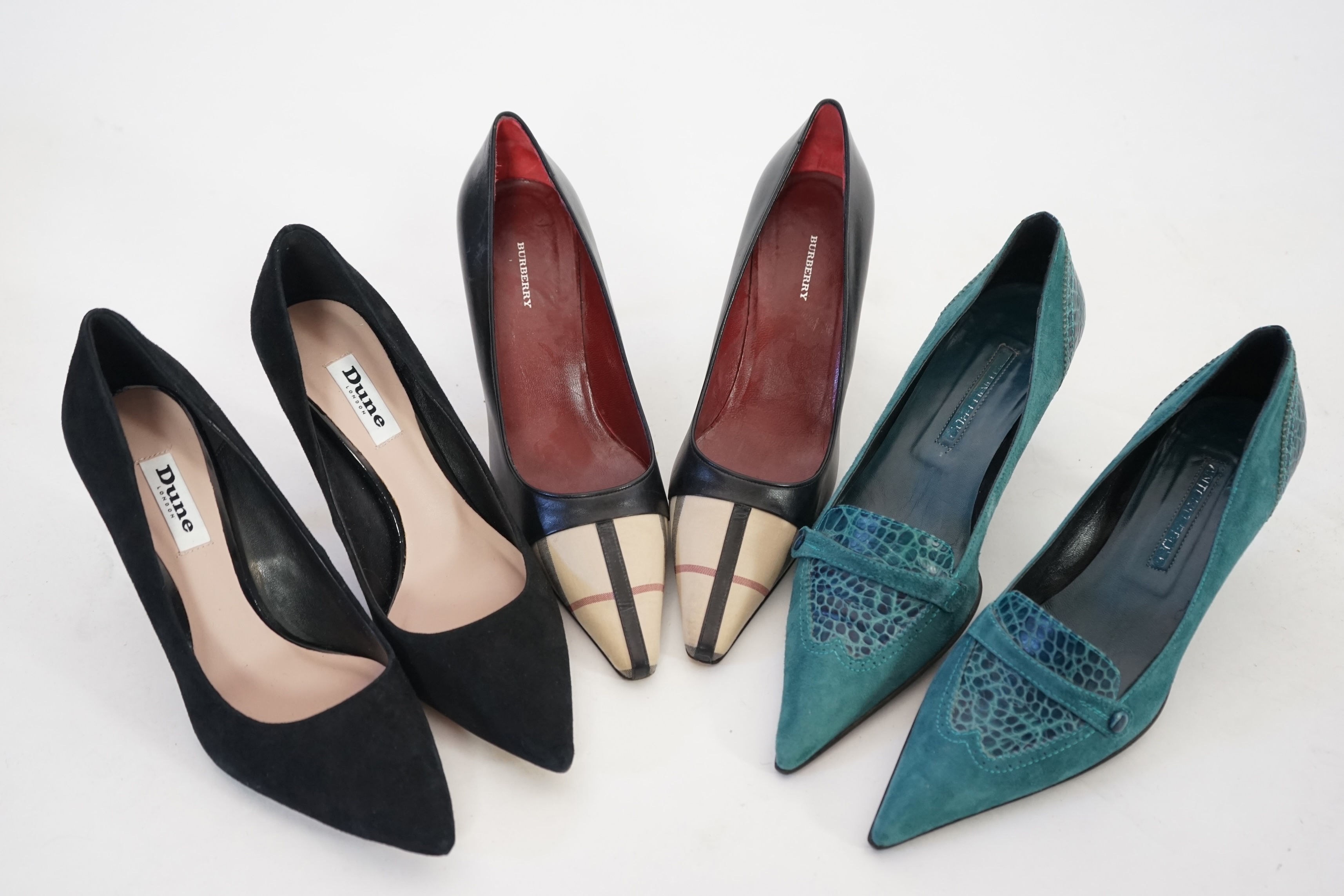 A pair of Burberry lady's black heeled pumps with tartan canvas toe detail, a pair of unworn Dune black suede heeled pumps, a pair of teal suede and mock croc leather detail kitten heeled pumps. Three pairs in total. Siz